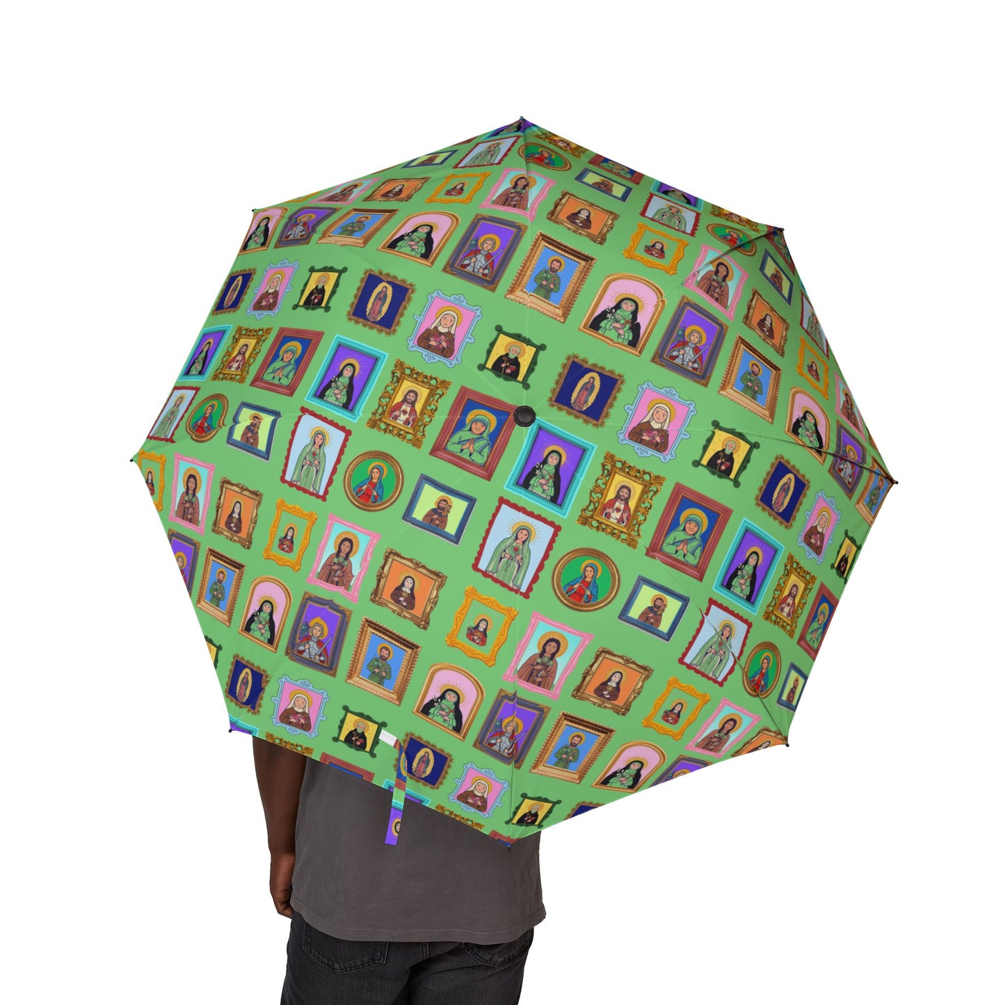 Heaven's Gallery Catholic Saints Umbrella — Green Folk Art Foldable Umbrella