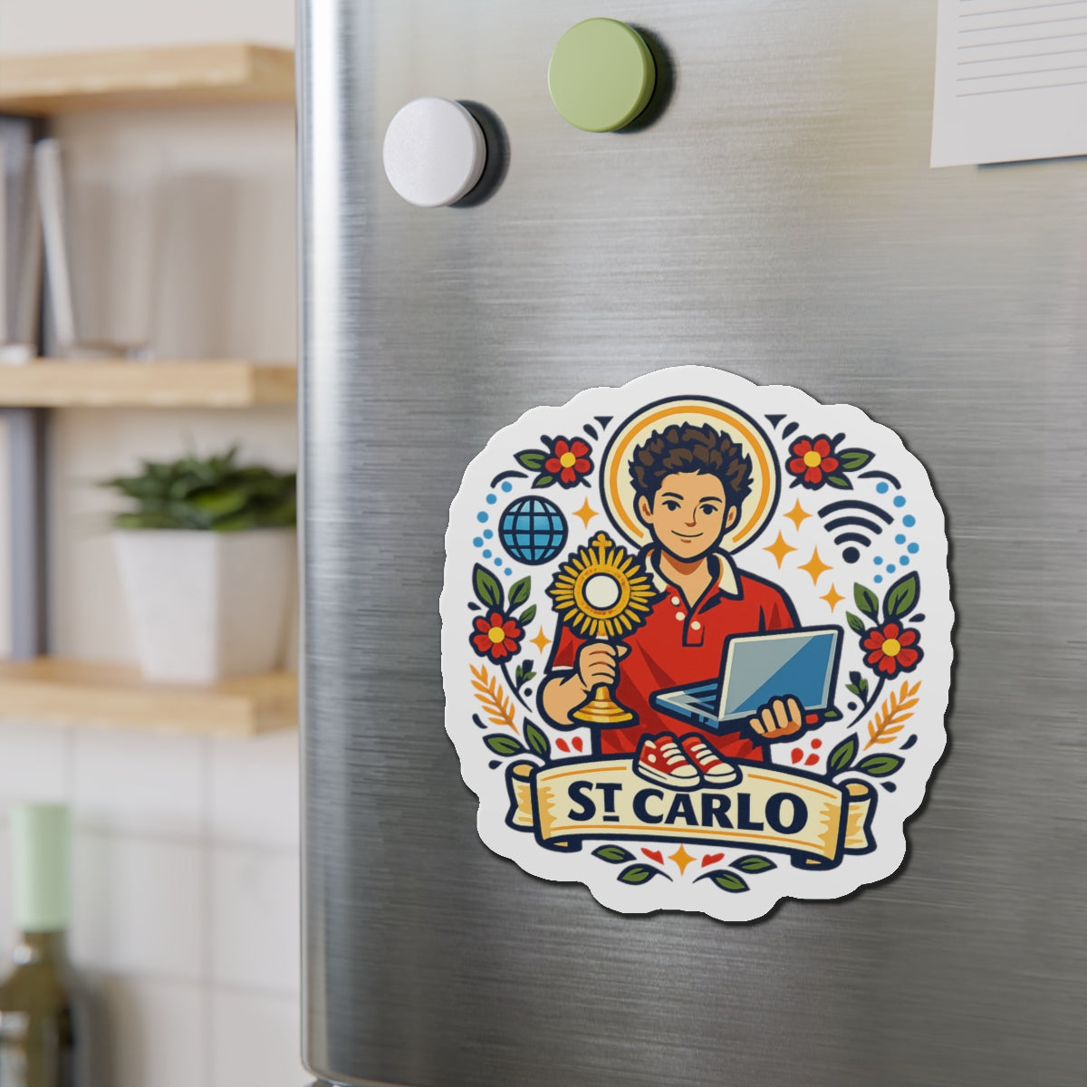 Saint Carlo Acutis Die-Cut Magnet — Catholic Folk Art Fridge Magnet