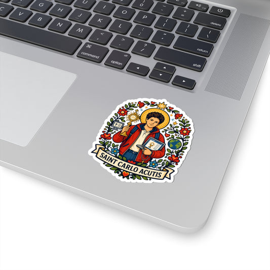 Saint Carlo Acutis Kiss-Cut Sticker — Catholic Folk Art Decal