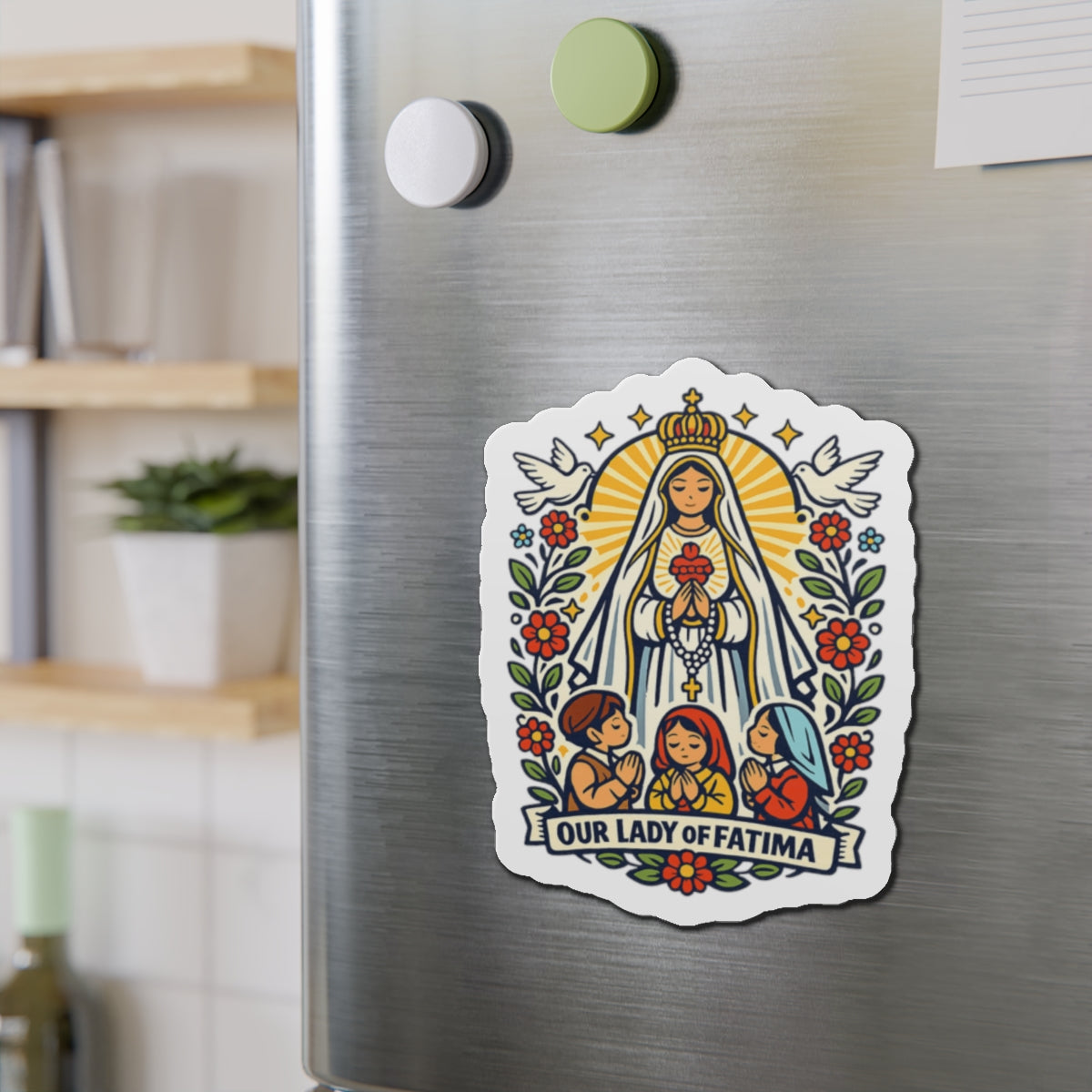 Our Lady of Fatima Die-Cut Magnet — Catholic Folk Art Fridge Magnet