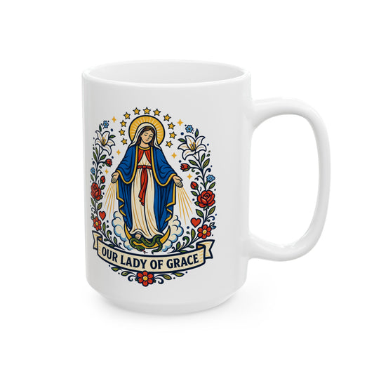 Our Lady of Grace Ceramic Mug — Catholic Marian Coffee Cup
