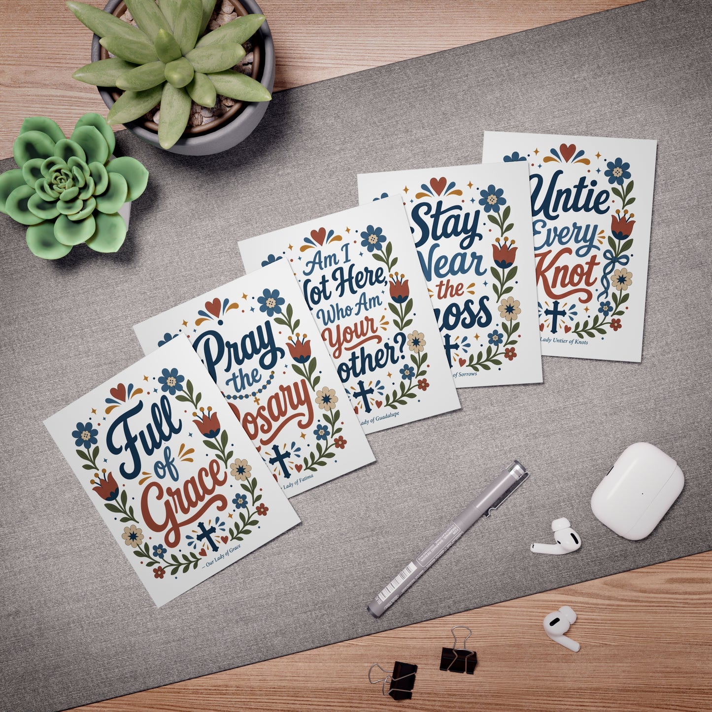 Marian Devotional blank Greeting Cards 5-Pack — Stay Near the Cross, Pray the Rosary, Unite Every Knot