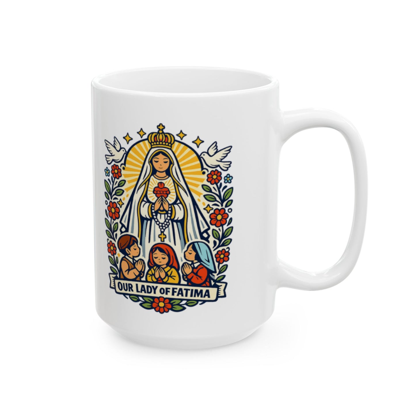 Our Lady of Fatima Prayer Mug — "Lead Us to Prayer, Peace, and Trust"