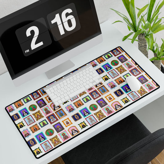 Heaven's Gallery Desk Mat — Catholic Saints Folk Art (White)
