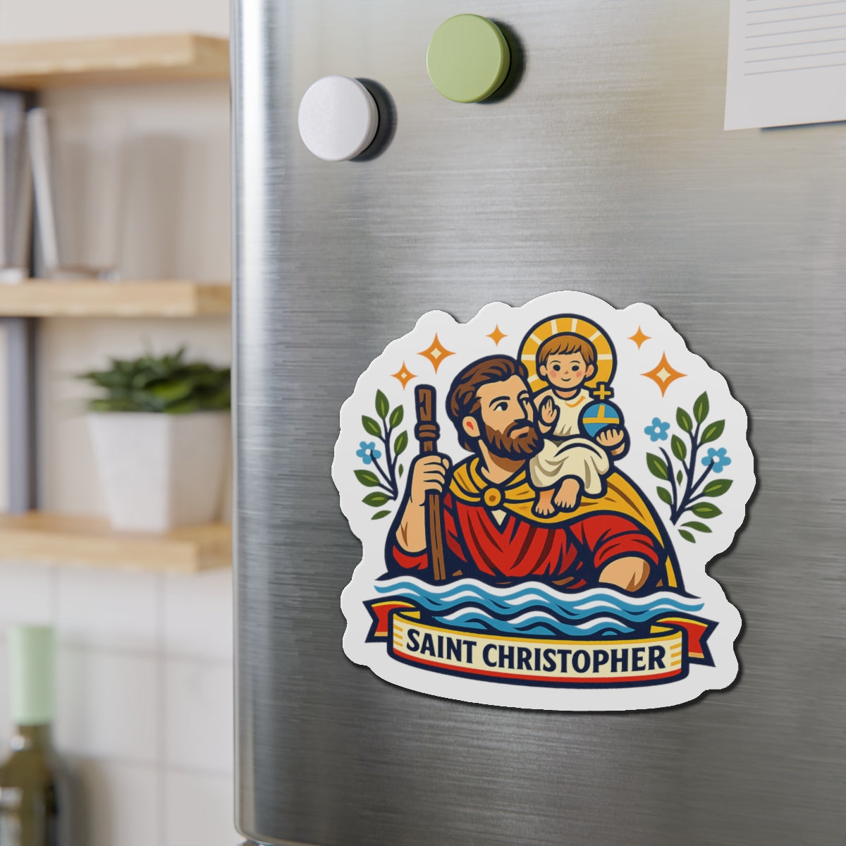 Saint Christopher Die-Cut Magnet — Catholic Folk Art Fridge Magnet