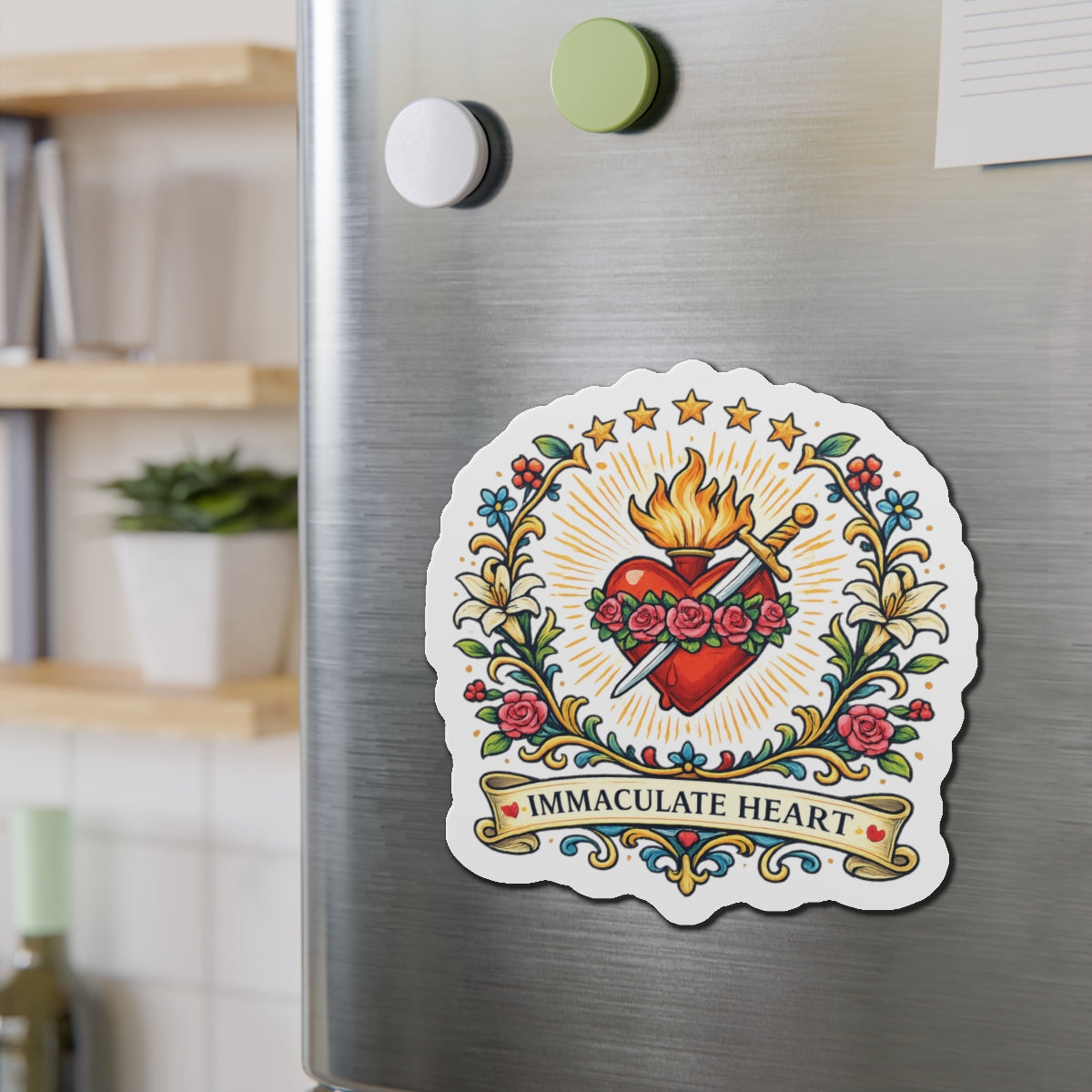 Immaculate Heart of Mary Die-Cut Magnet — Catholic Folk Art Fridge Magnet