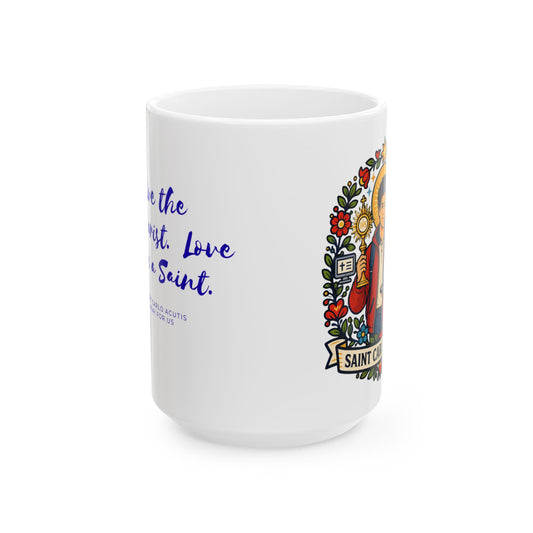 Saint Carlo Acutis Mug — "Live the Eucharist, Love Like a Saint"