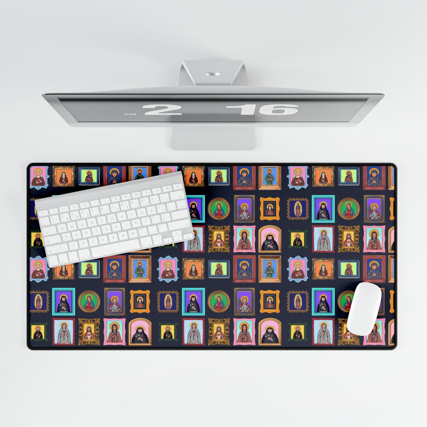Heaven's Gallery Desk Mat — Catholic Saints Folk Art (Navy)