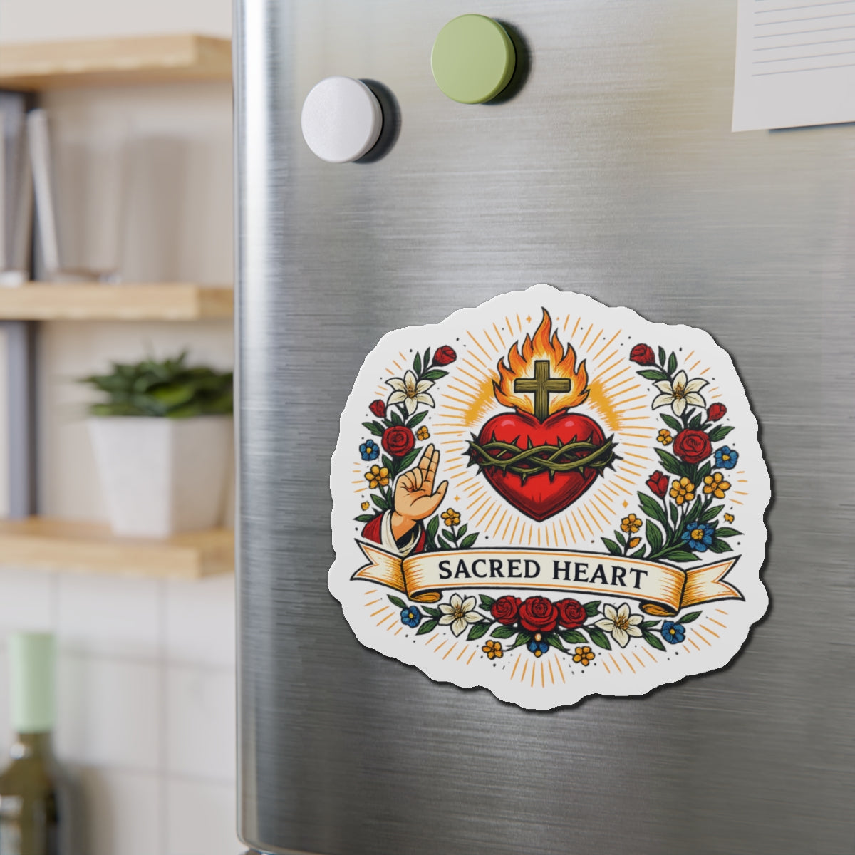 Sacred Heart of Jesus Die-Cut Magnet — Catholic Folk Art Fridge Magnet