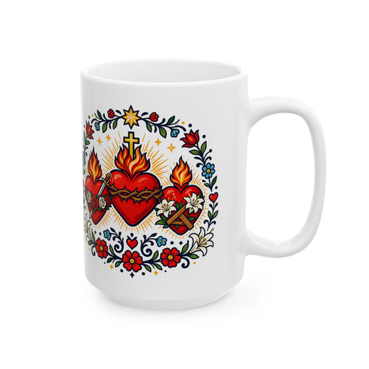 Three Hearts of the Holy Family Ceramic Mug — Catholic Devotion