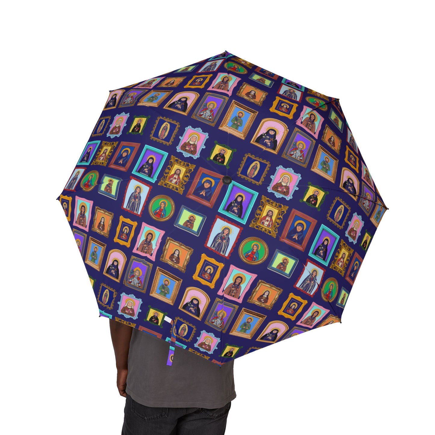 Heaven's Gallery Catholic Saints Umbrella — Navy Folk Art Foldable Umbrella