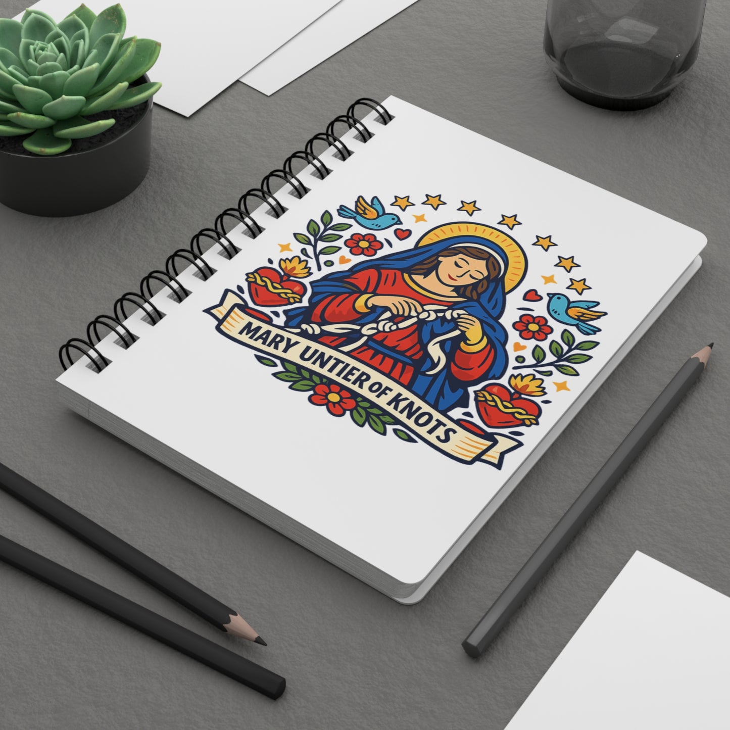 Mary Untier of Knots Spiral Journal — Catholic Folk Art Prayer Notebook