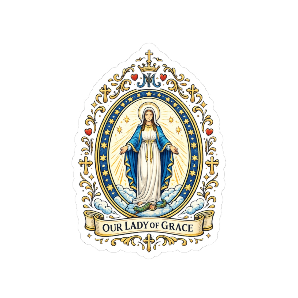 Our Lady of Grace Kiss-Cut Sticker — Catholic Folk Art Decal