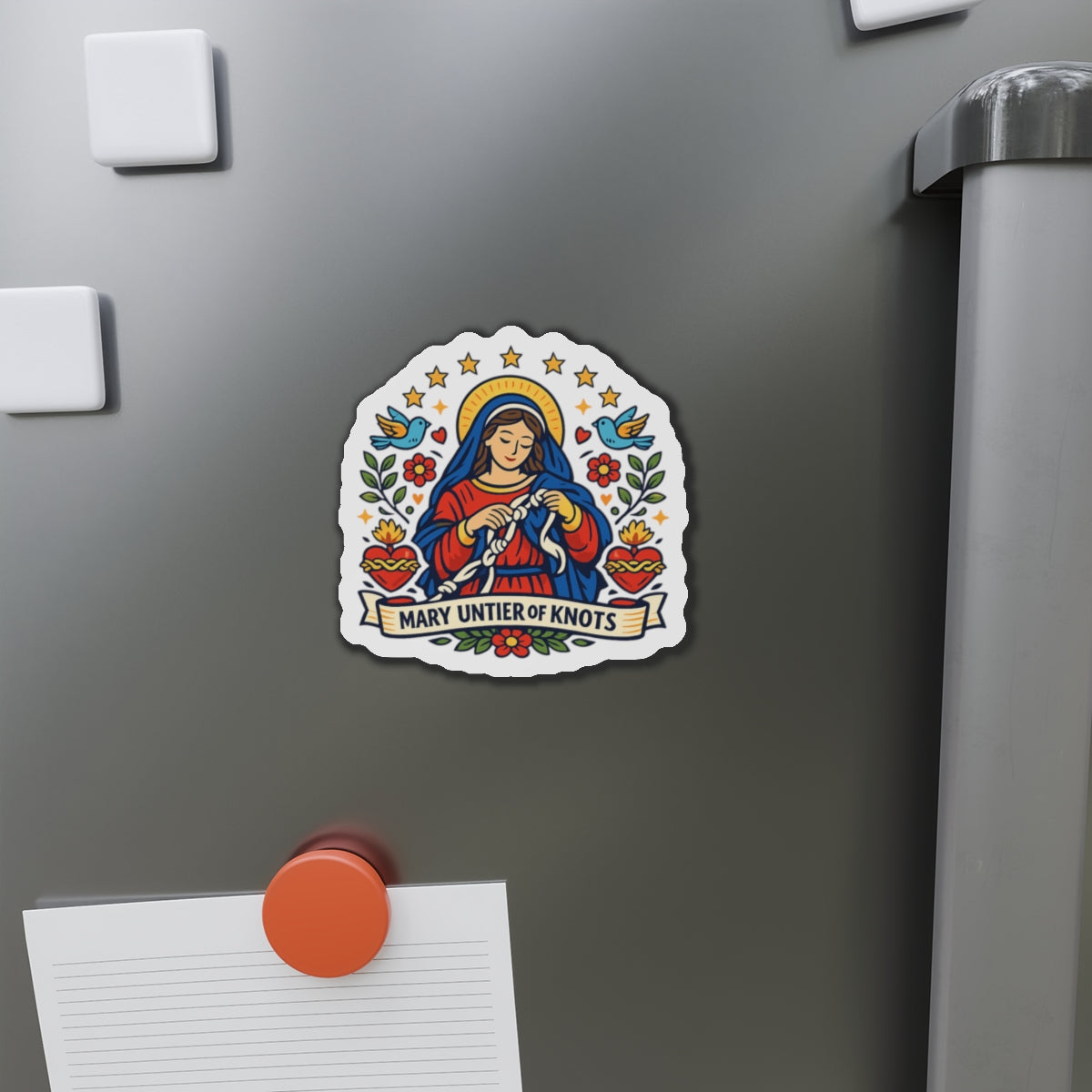 Mary Untier of Knots Die-Cut Magnet — Catholic Folk Art Fridge Magnet