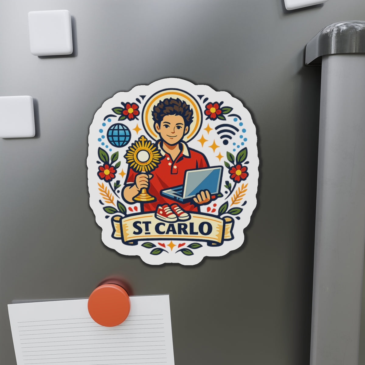Saint Carlo Acutis Die-Cut Magnet — Catholic Folk Art Fridge Magnet