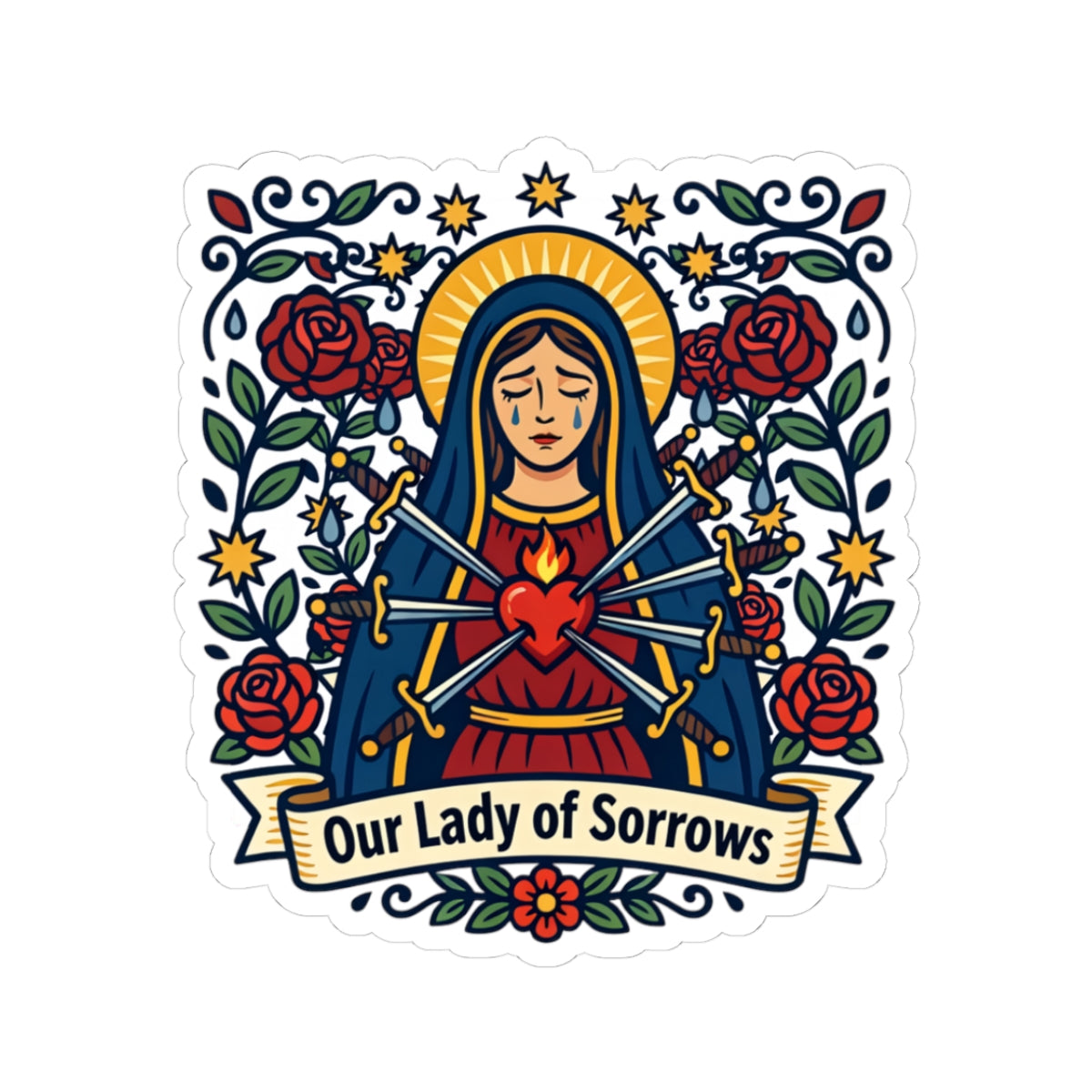 Our Lady of Sorrows Kiss-Cut Sticker — Catholic Folk Art Decal