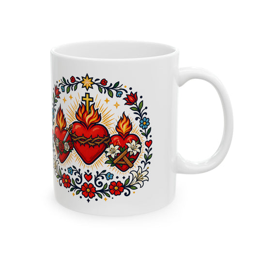 Three Hearts of the Holy Family Ceramic Mug — Catholic Devotion