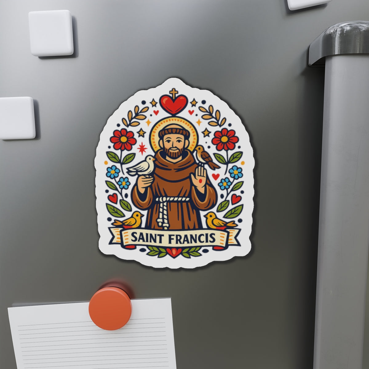 Saint Francis of Assisi Die-Cut Magnet — Catholic Folk Art Fridge Magnet