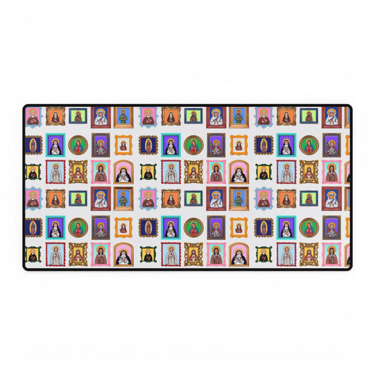 Heaven's Gallery Desk Mat — Catholic Saints Folk Art (White)