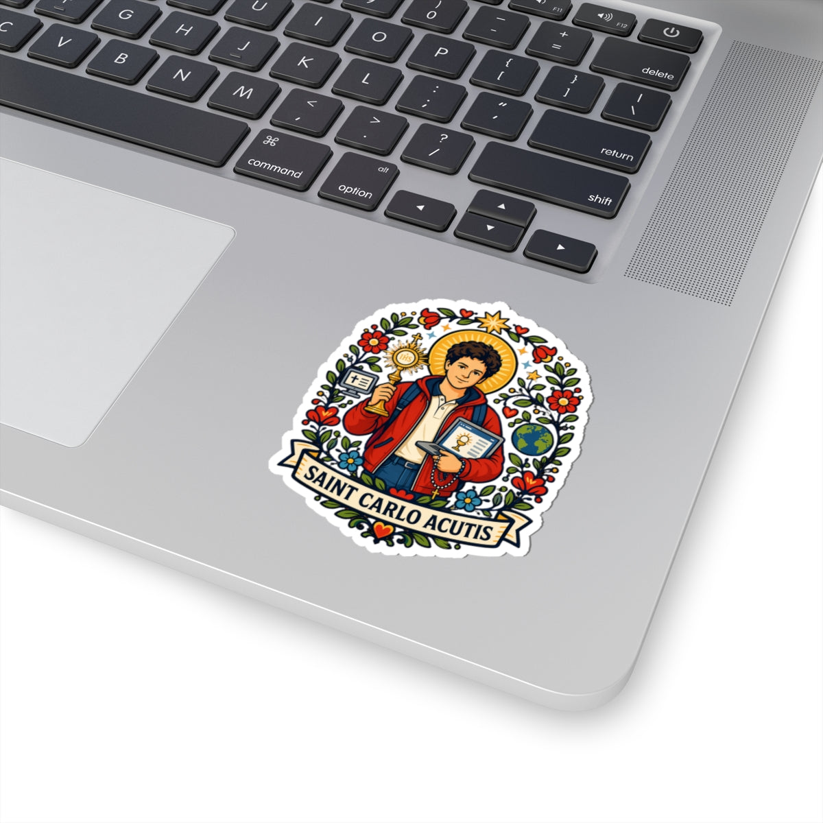 Saint Carlo Acutis Kiss-Cut Sticker — Catholic Folk Art Decal