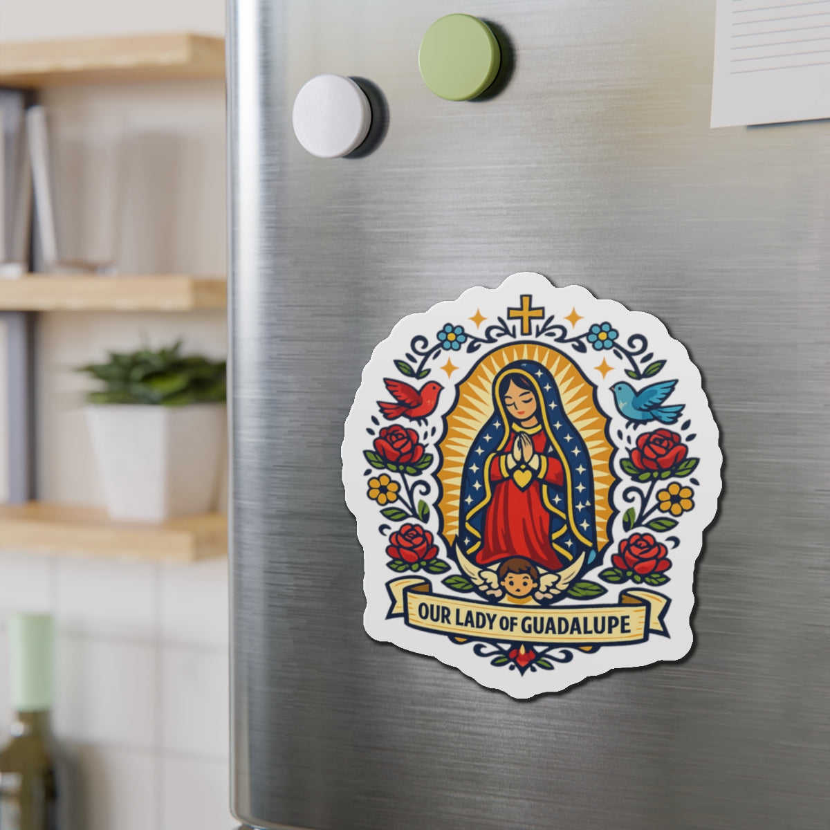 Our Lady of Guadalupe Die-Cut Magnet — Catholic Folk Art Fridge Magnet