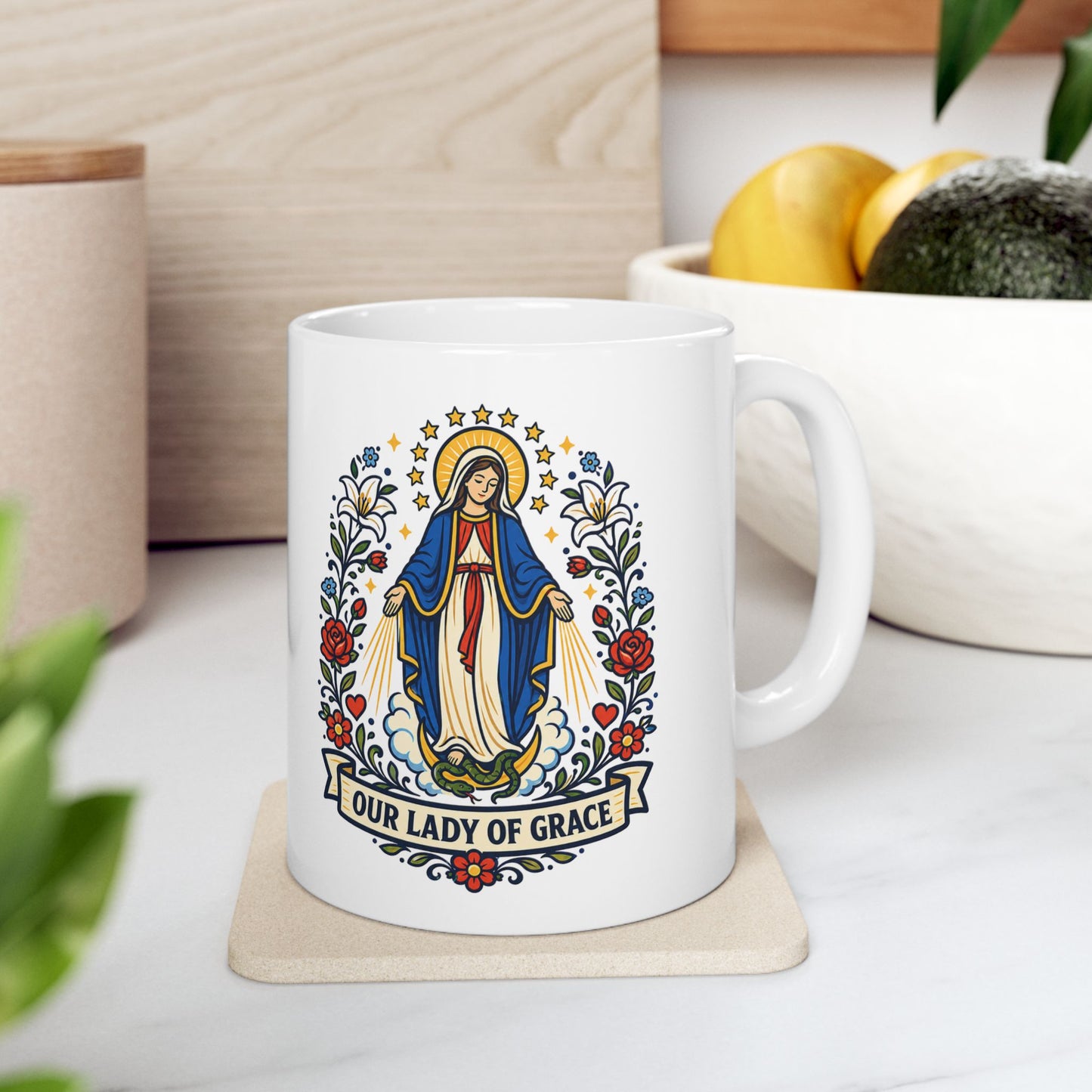 Our Lady of Grace Ceramic Mug — Catholic Marian Coffee Cup