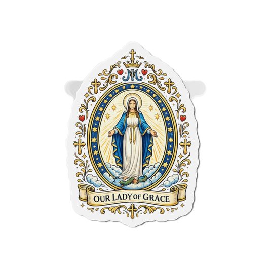 Our Lady of Grace Die-Cut Magnet — Catholic Folk Art Fridge Magnet