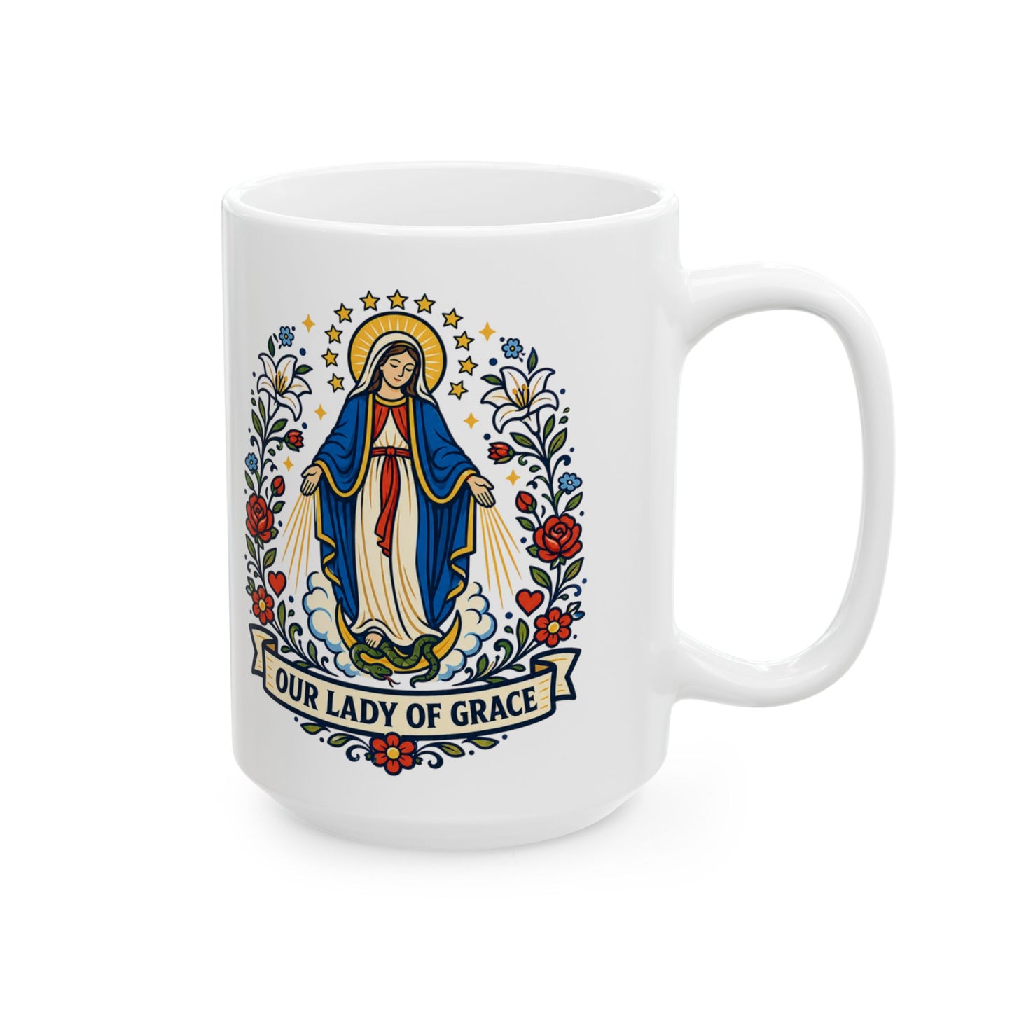 Our Lady of Grace Ceramic Mug — Catholic Marian Coffee Cup