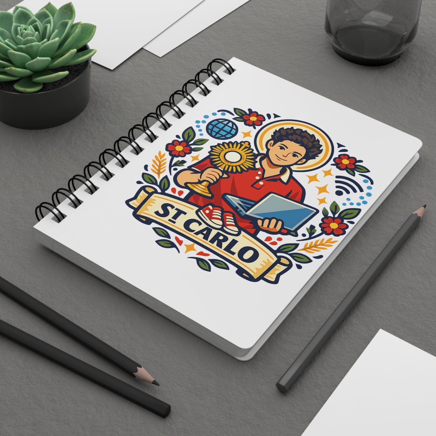 Saint Carlo Acutis Spiral Journal — Catholic Folk Art Prayer Notebook