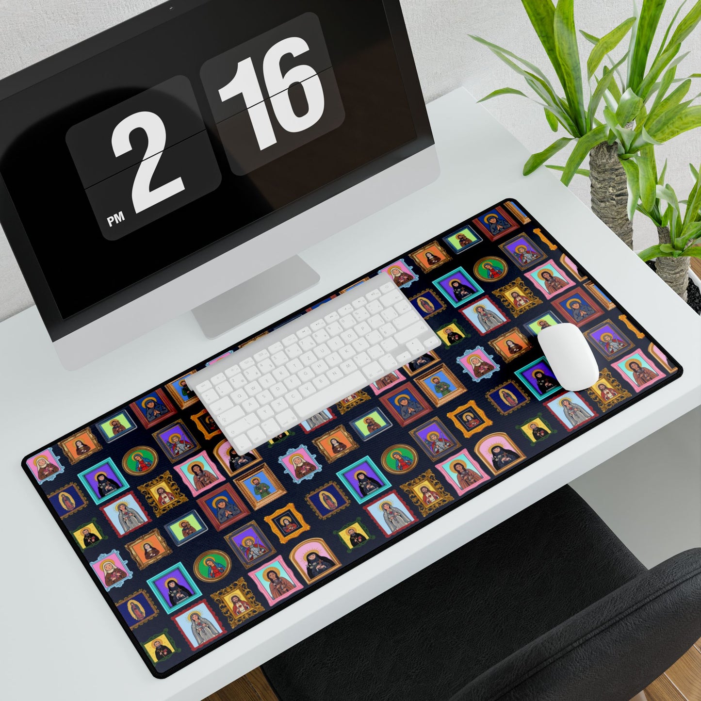Heaven's Gallery Desk Mat — Catholic Saints Folk Art (Navy)
