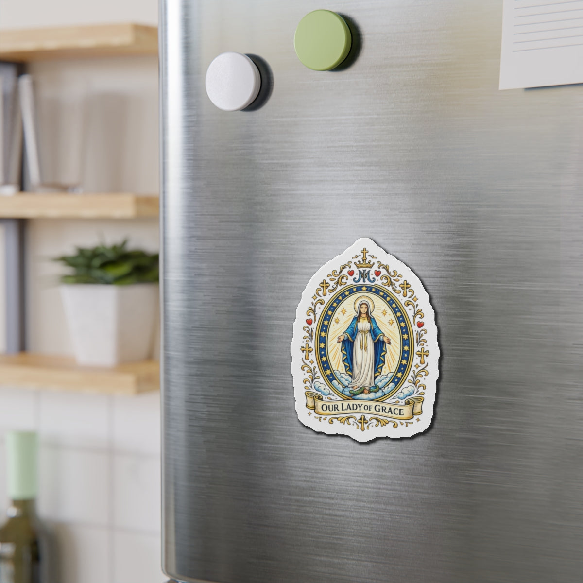 Our Lady of Grace Die-Cut Magnet — Catholic Folk Art Fridge Magnet