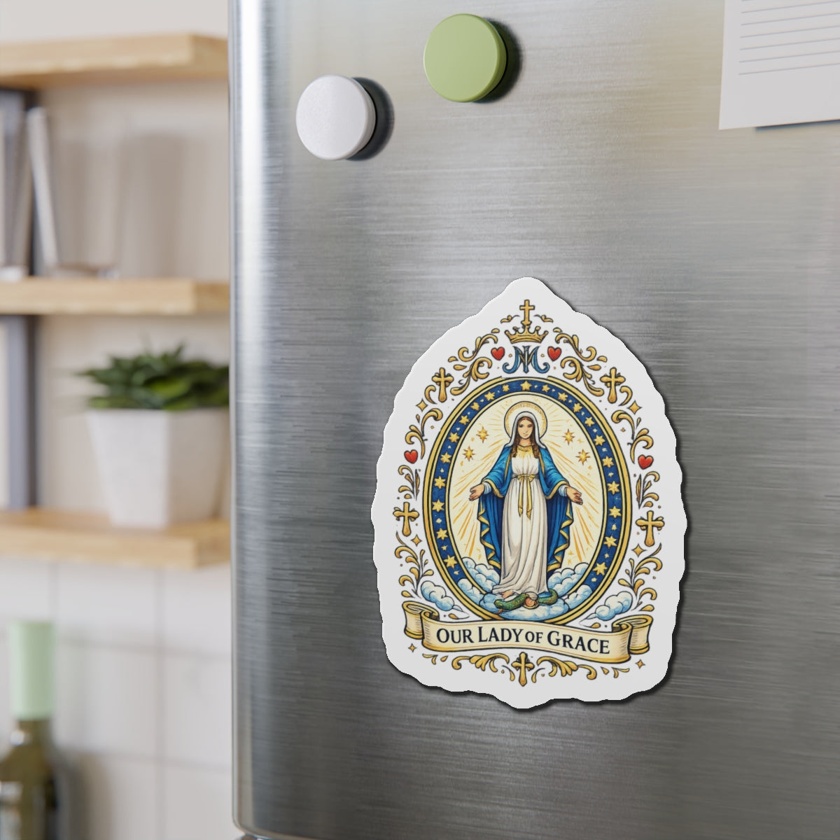 Our Lady of Grace Die-Cut Magnet — Catholic Folk Art Fridge Magnet