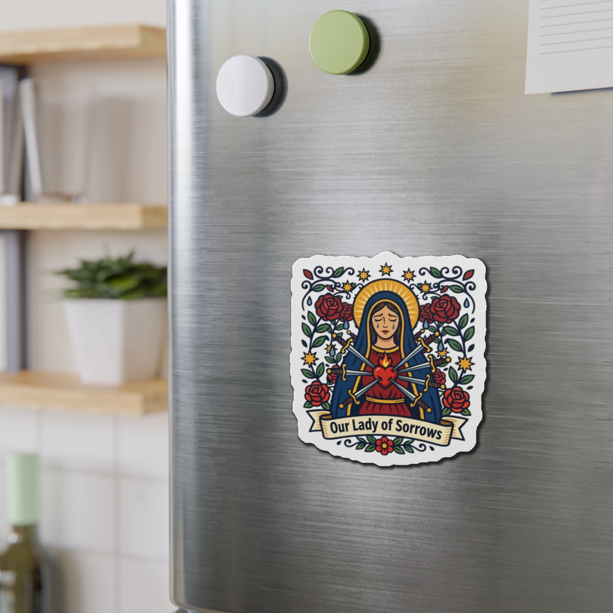Our Lady of Sorrows Die-Cut Magnet — Catholic Folk Art Fridge Magnet