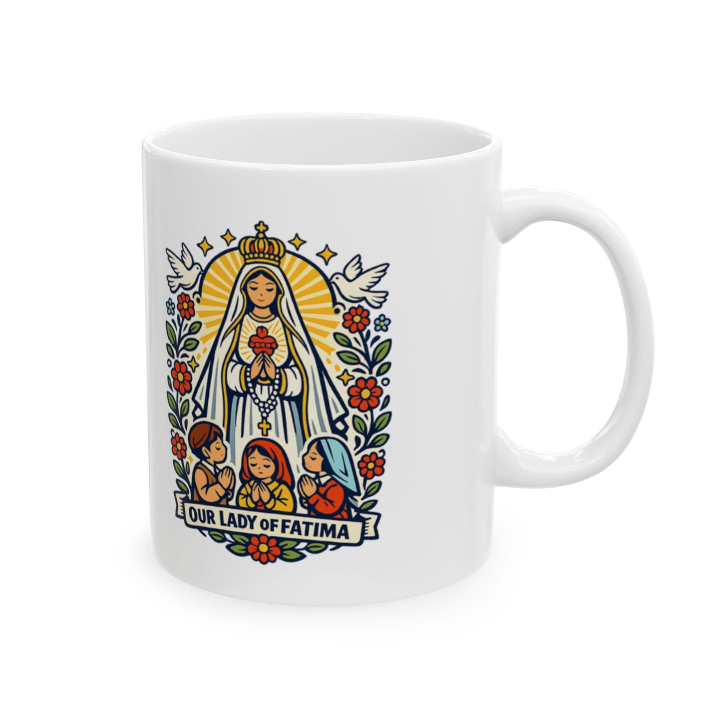 Our Lady of Fatima Prayer Mug — "Lead Us to Prayer, Peace, and Trust"
