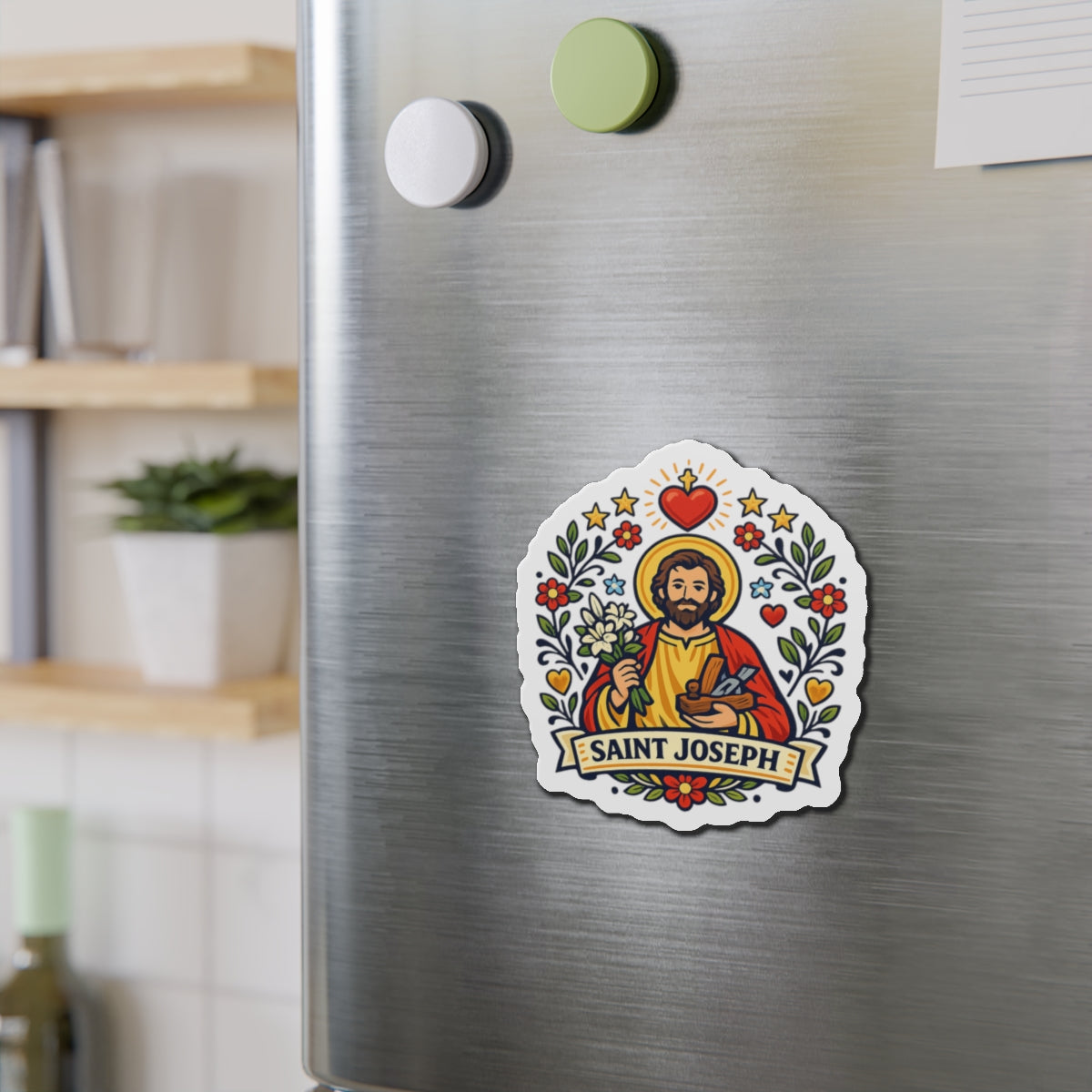 Saint Joseph Die-Cut Magnet — Catholic Folk Art Fridge Magnet