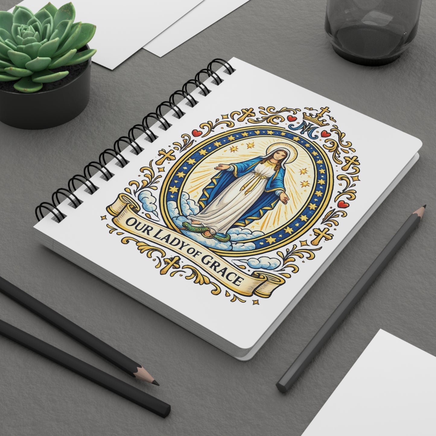 Our Lady of Grace Spiral Journal — Catholic Folk Art Prayer Notebook