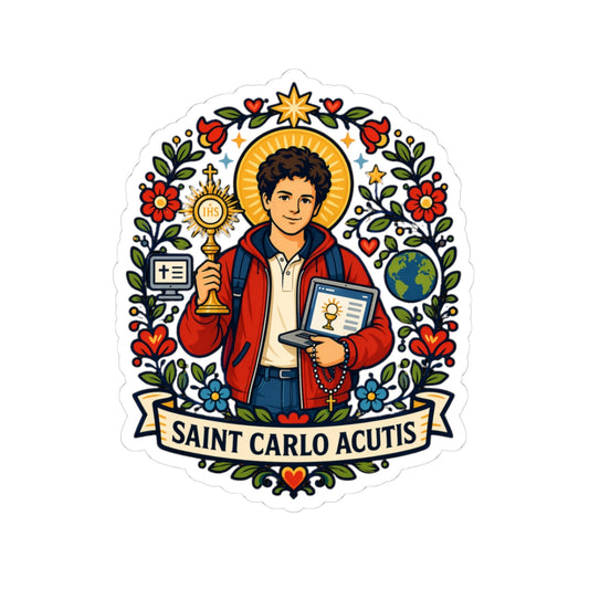 Saint Carlo Acutis Kiss-Cut Sticker — Catholic Folk Art Decal