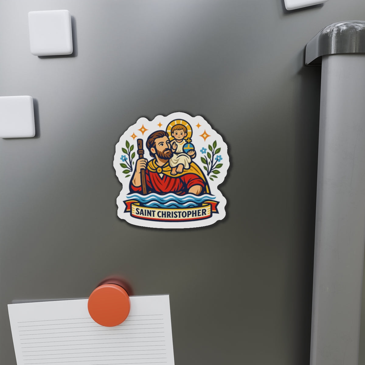 Saint Christopher Die-Cut Magnet — Catholic Folk Art Fridge Magnet