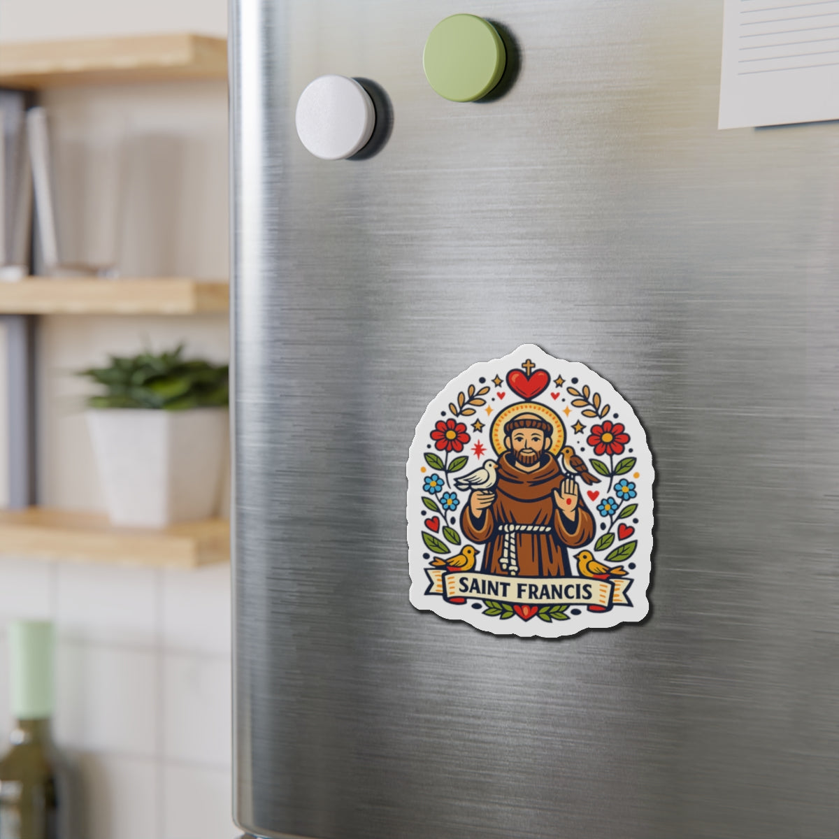 Saint Francis of Assisi Die-Cut Magnet — Catholic Folk Art Fridge Magnet