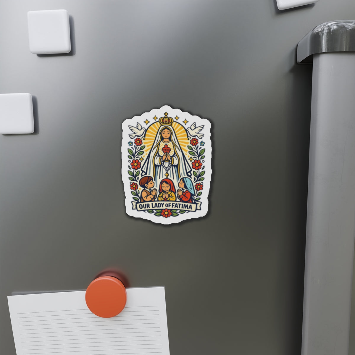 Our Lady of Fatima Die-Cut Magnet — Catholic Folk Art Fridge Magnet