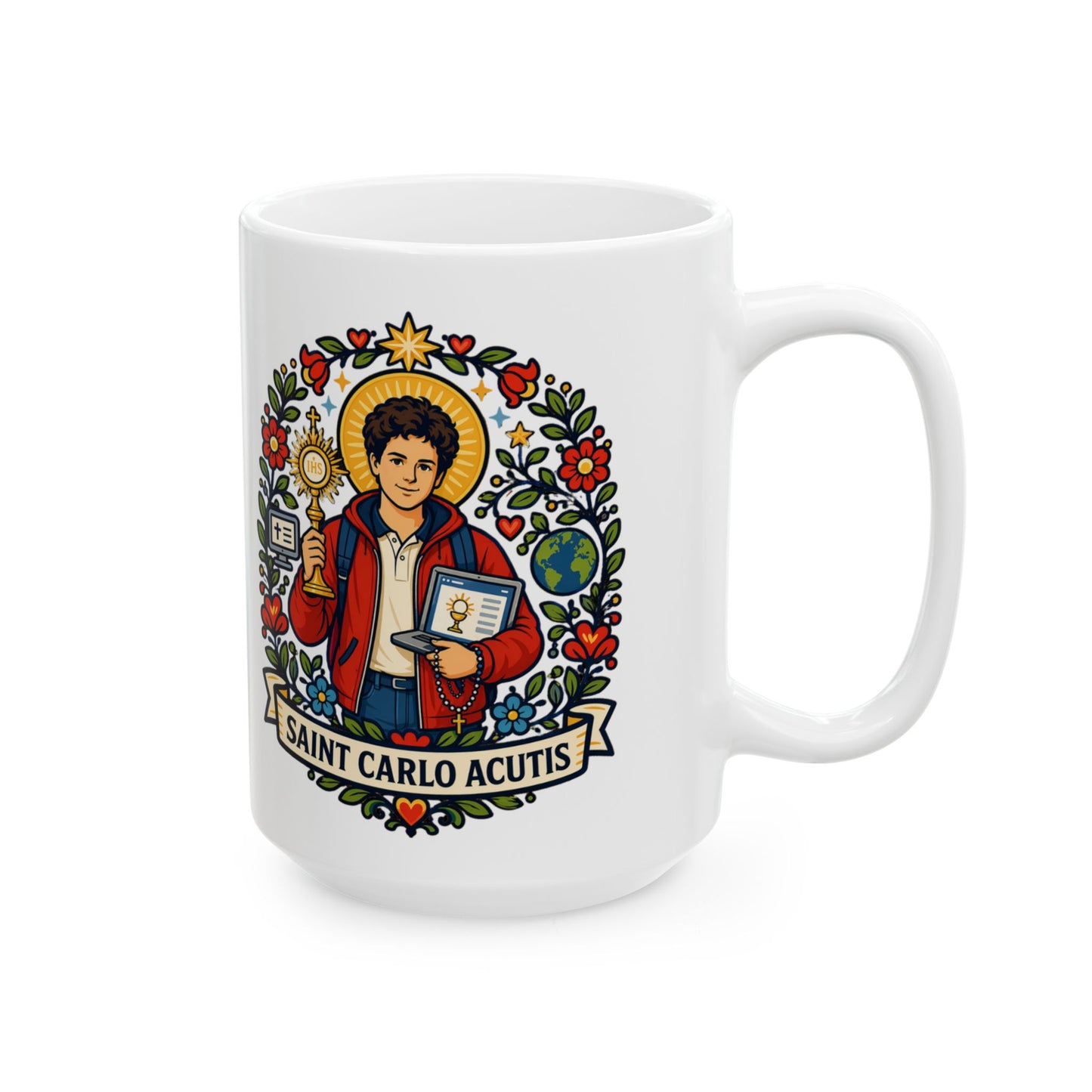 Saint Carlo Acutis Mug — "Live the Eucharist, Love Like a Saint"