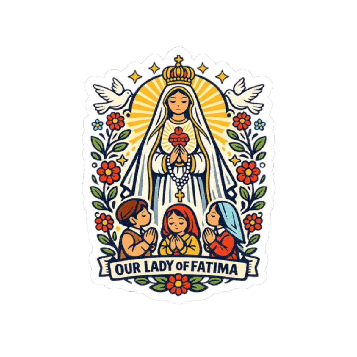 Our Lady of Fatima Kiss-Cut Sticker — Catholic Folk Art Decal