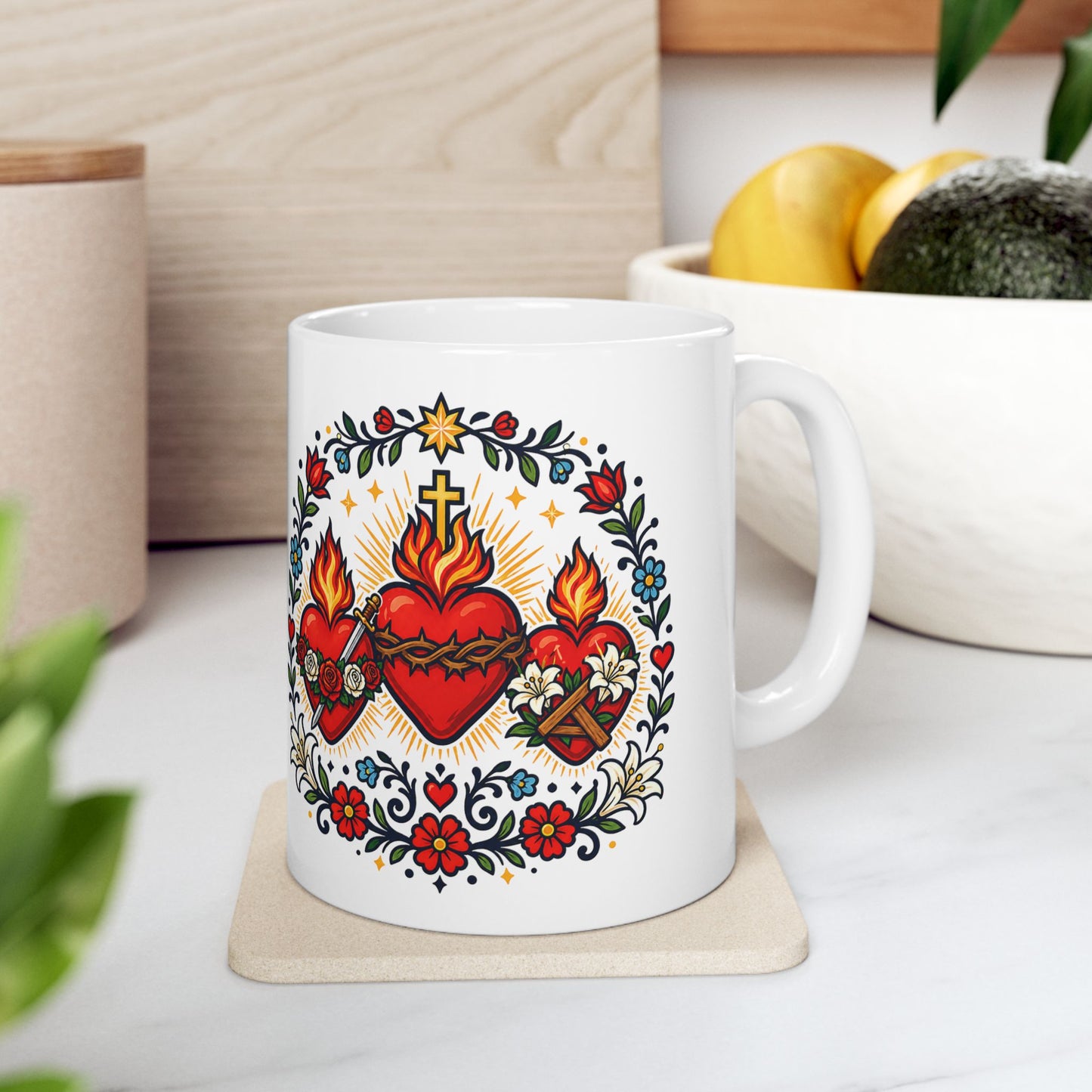 Three Hearts of the Holy Family Ceramic Mug — Catholic Devotion