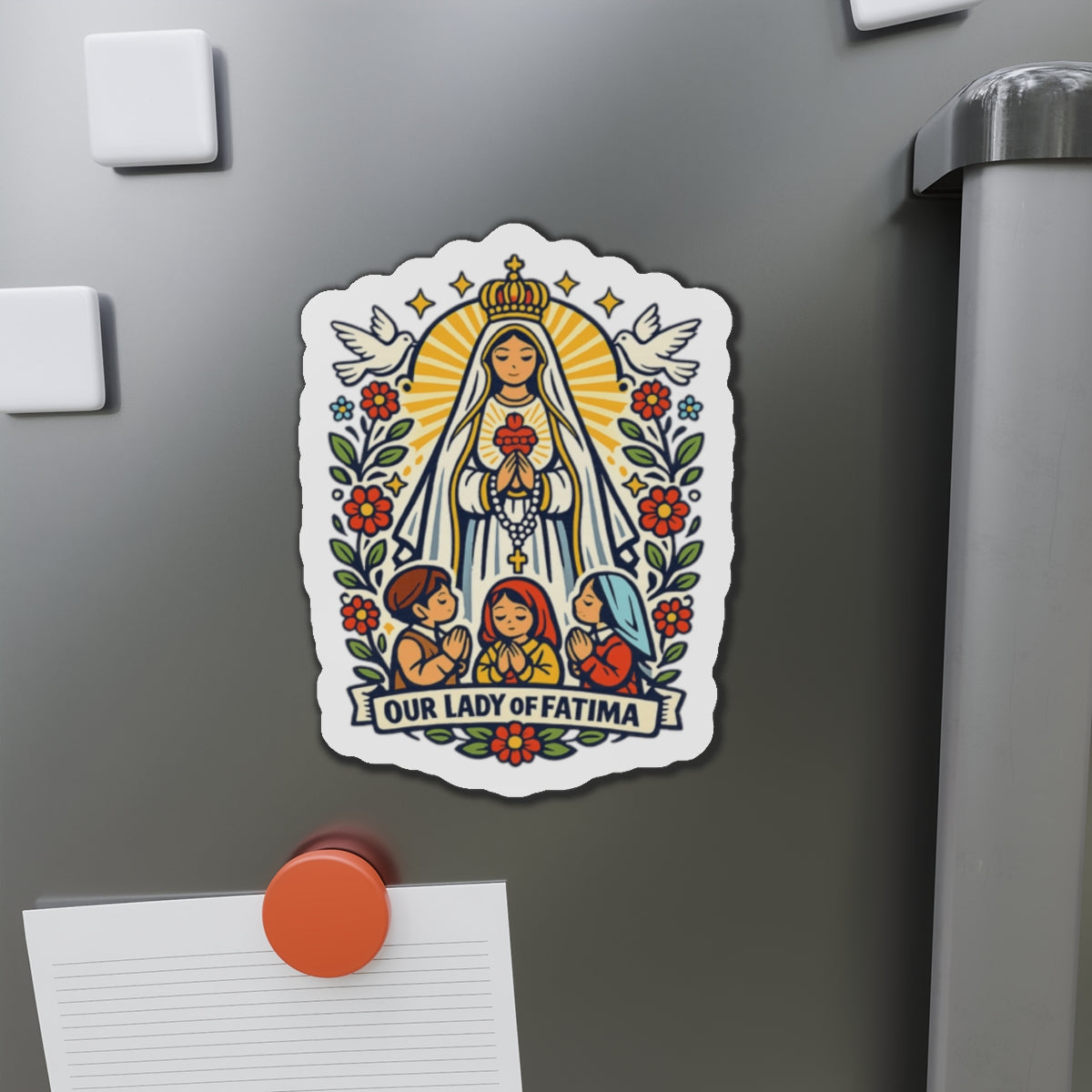 Our Lady of Fatima Die-Cut Magnet — Catholic Folk Art Fridge Magnet