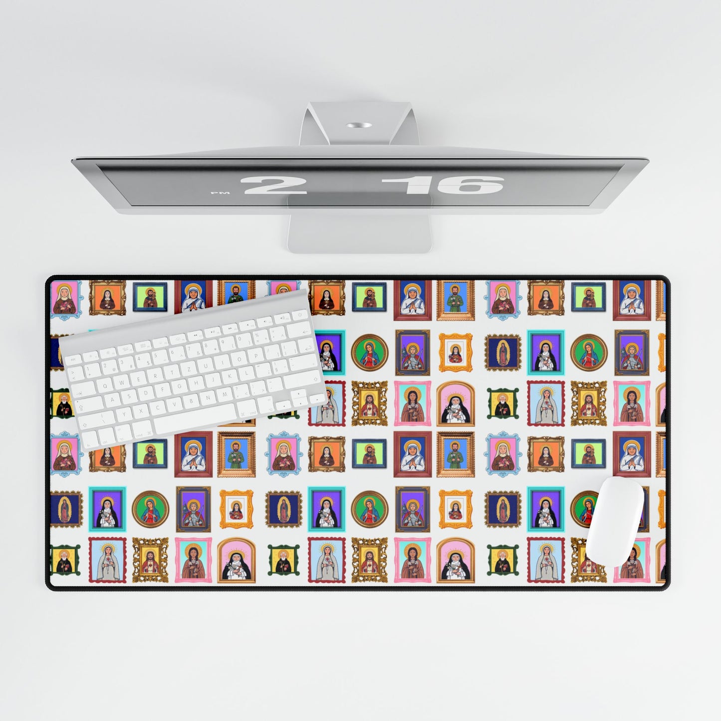 Heaven's Gallery Desk Mat — Catholic Saints Folk Art (White)