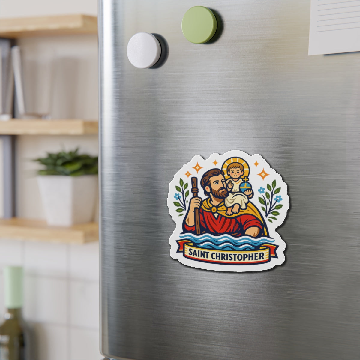 Saint Christopher Die-Cut Magnet — Catholic Folk Art Fridge Magnet