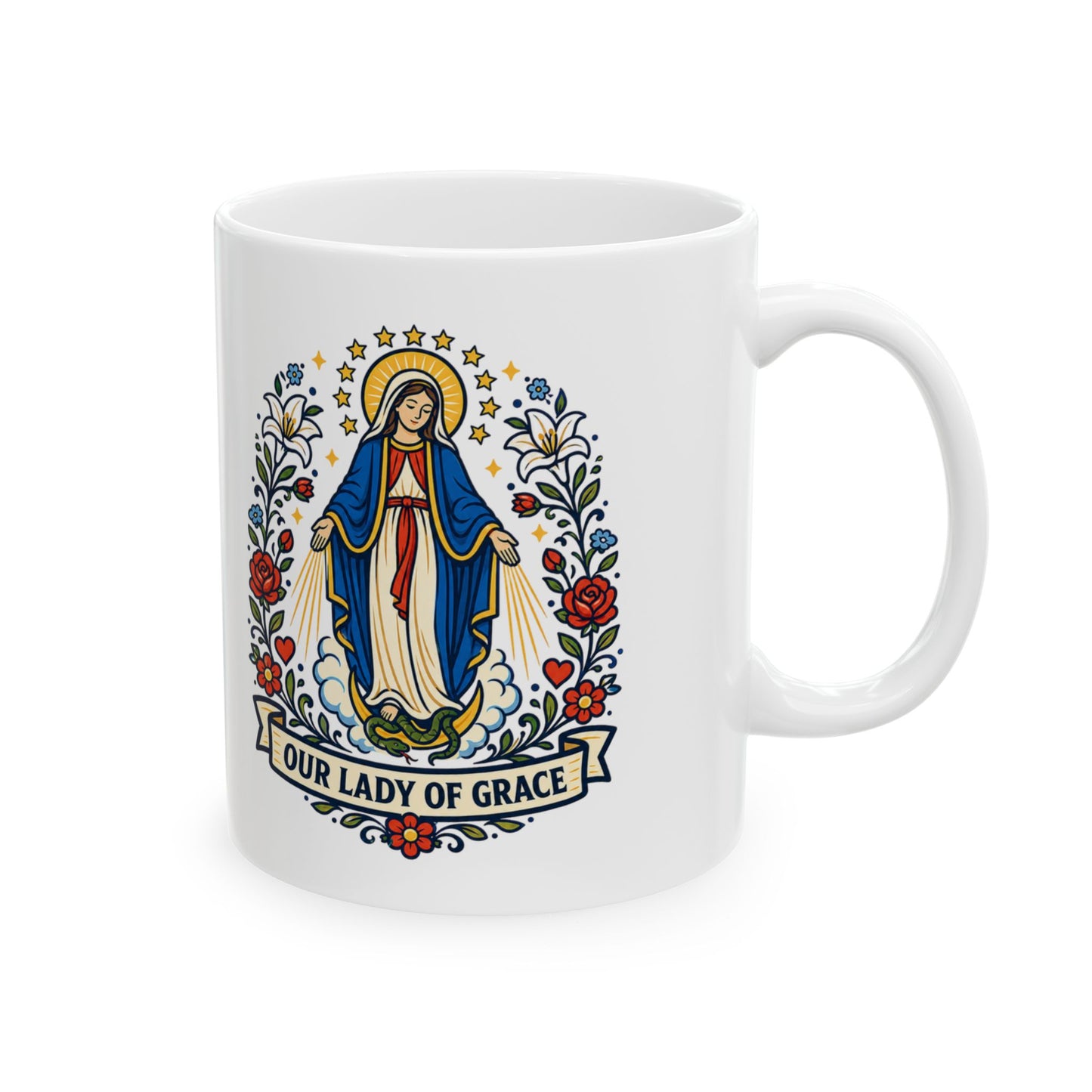 Our Lady of Grace Ceramic Mug — Catholic Marian Coffee Cup