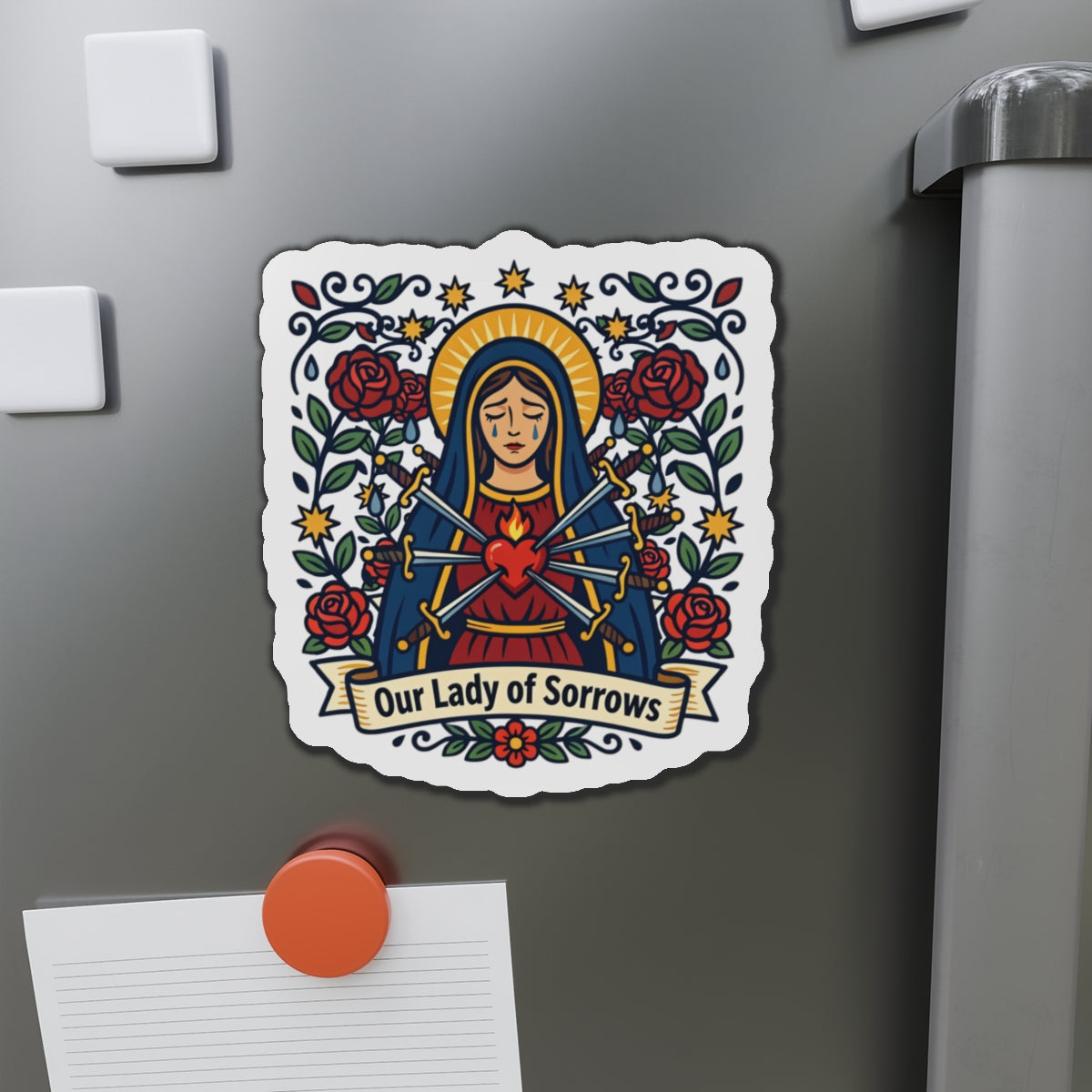 Our Lady of Sorrows Die-Cut Magnet — Catholic Folk Art Fridge Magnet