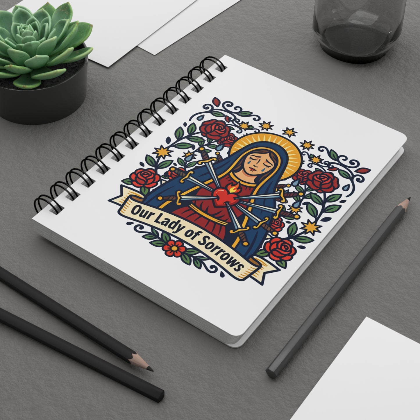 Our Lady of Sorrows Spiral Journal — Catholic Folk Art Prayer Notebook