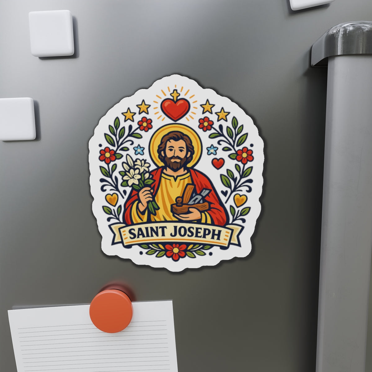 Saint Joseph Die-Cut Magnet — Catholic Folk Art Fridge Magnet
